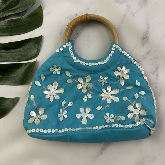Coldwater Creek Vintage y2k Silk Beaded Purse Bag Blue White Shells Tropical - Picture 1 of 7